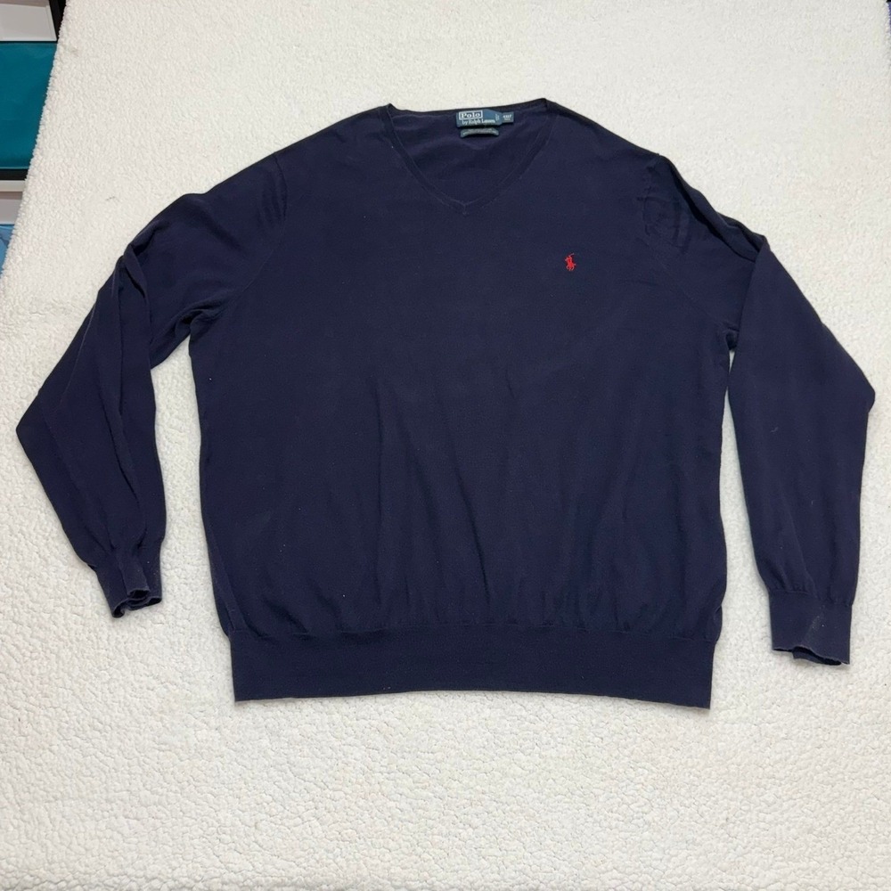Polo Ralph Lauren Mens 4XLT Navy Blue V-Neck Pima Cotton Sweater 46693‎
